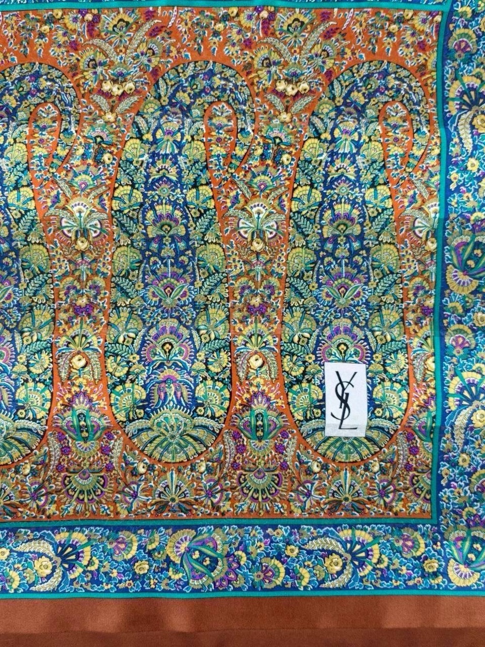 Yves Saint Laurent Multicolor Paisley Silk Scarf with Teal and Orange Accents
